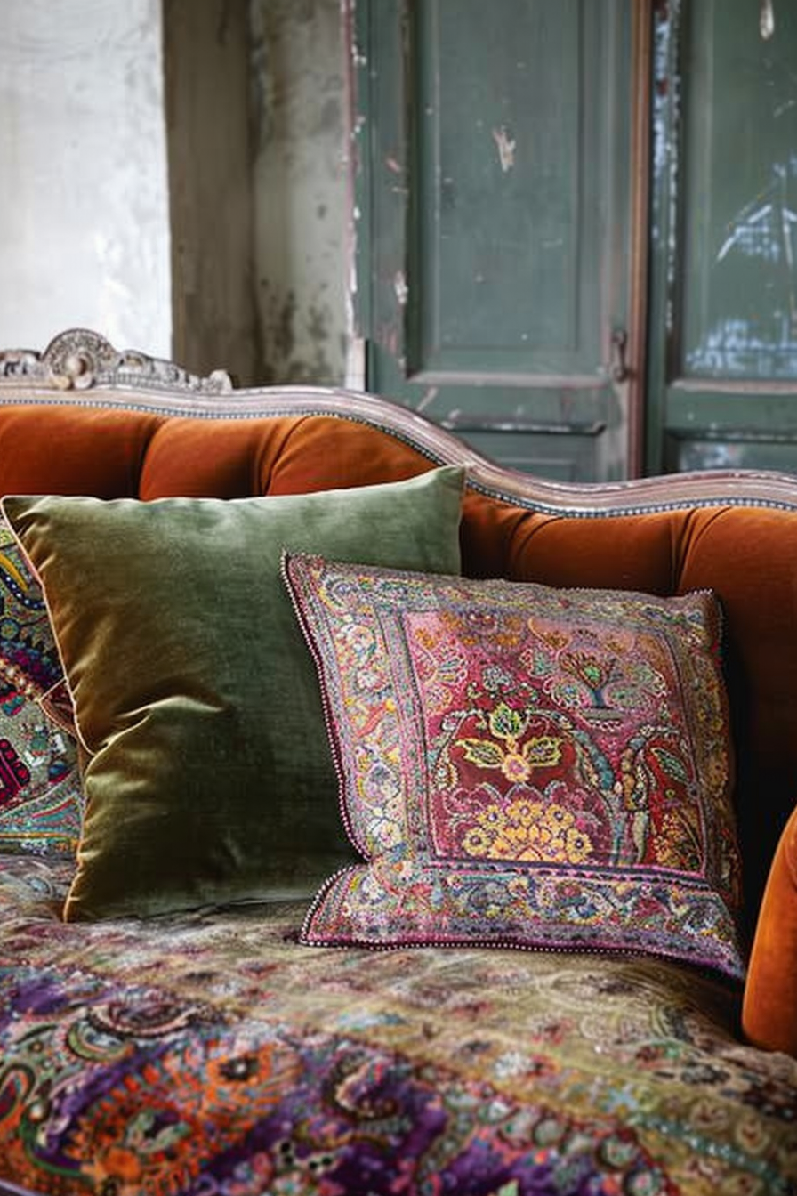 Boho home decor. Velvet couch with intricate paisley-print pillows.