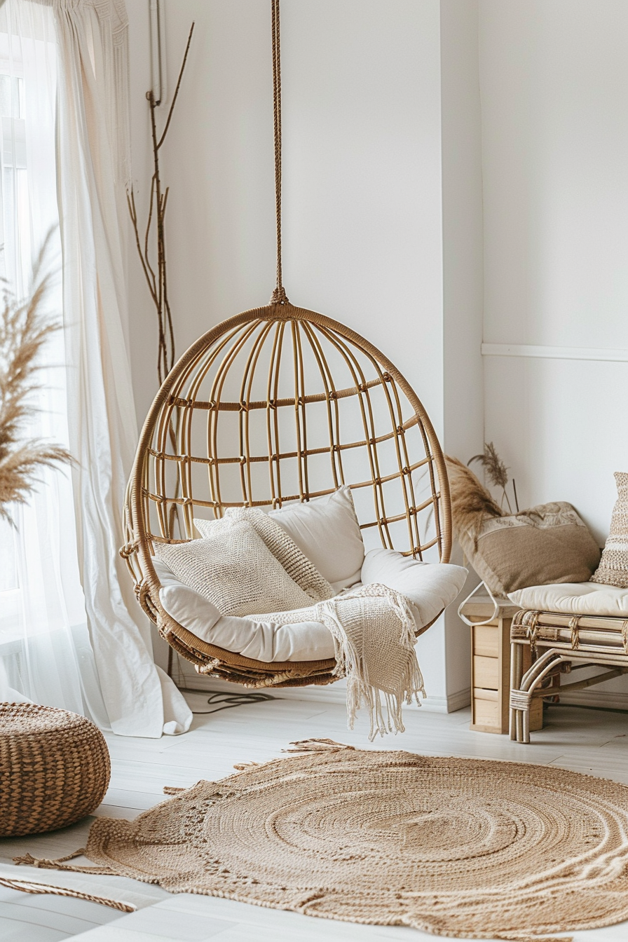 Wide view of boho-modern earthy living room. Natural rattan hanging egg chair, cream walls.