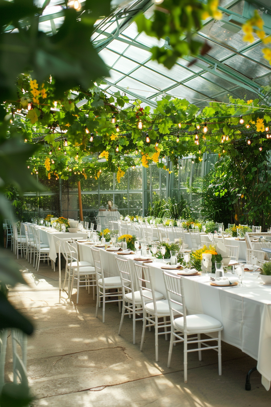 Birthday party in greenhouse. Yellow jasmine vines draping white rustic tables.