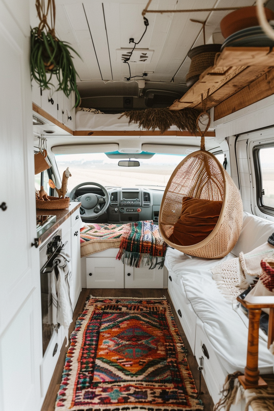 Converted Sprinter van camper. White interior, hanging rattan chair, colorful woven rug.