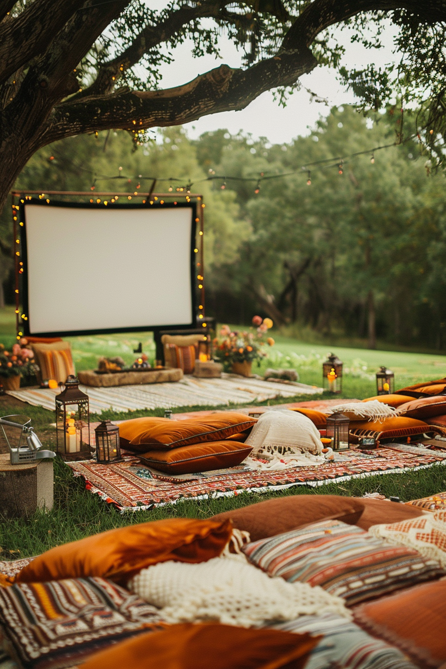 Backyard movie night. Velvet cushions around portable projector screen with tasseled throw blankets.