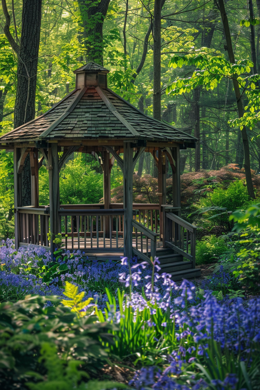 Beautiful backyard view from a deck. Lush green gazebo surrounded by wild bluebell flowers.