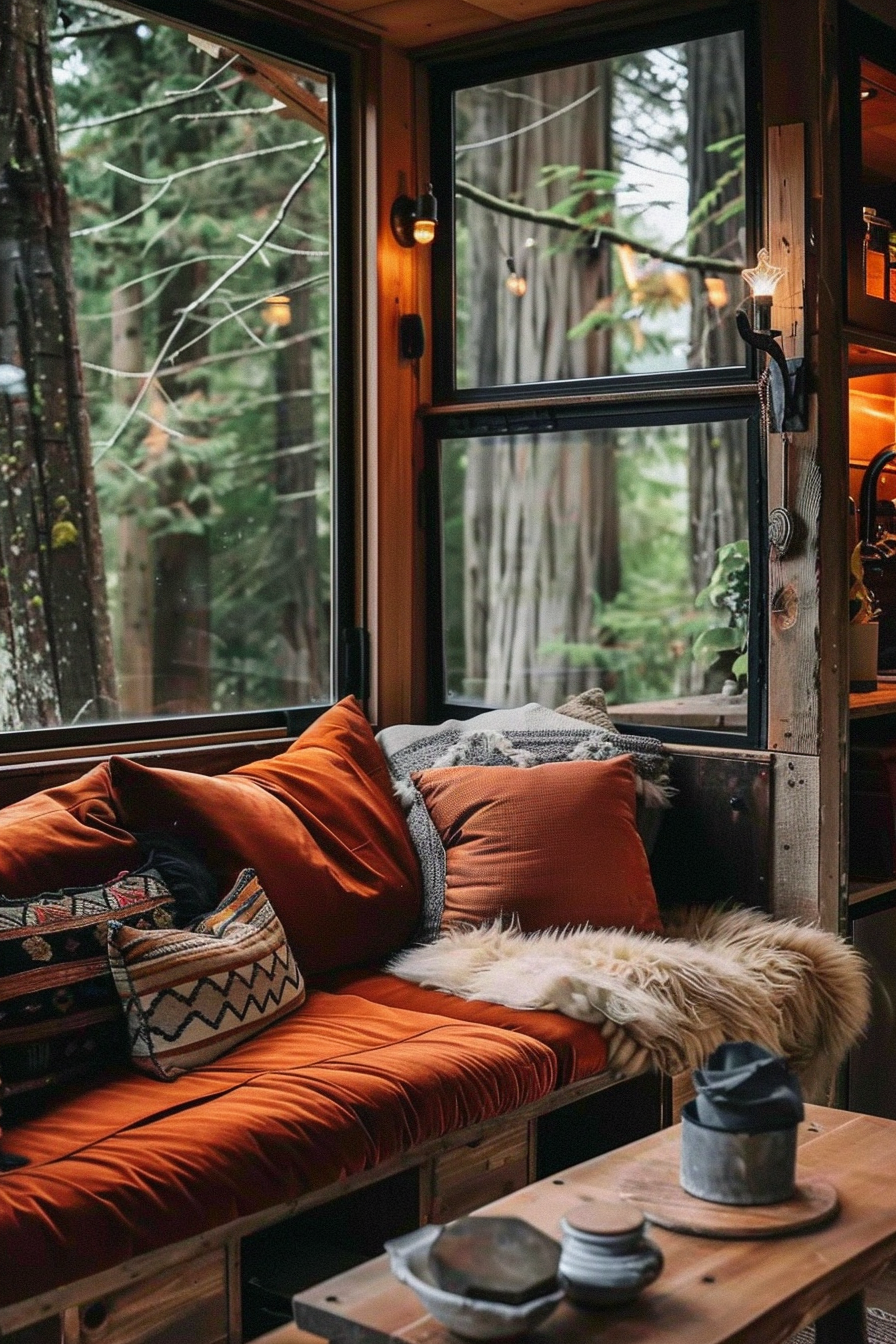 Tiny house living room. Rust-colored velvet sofa with faux fur throws and rustic wood table.