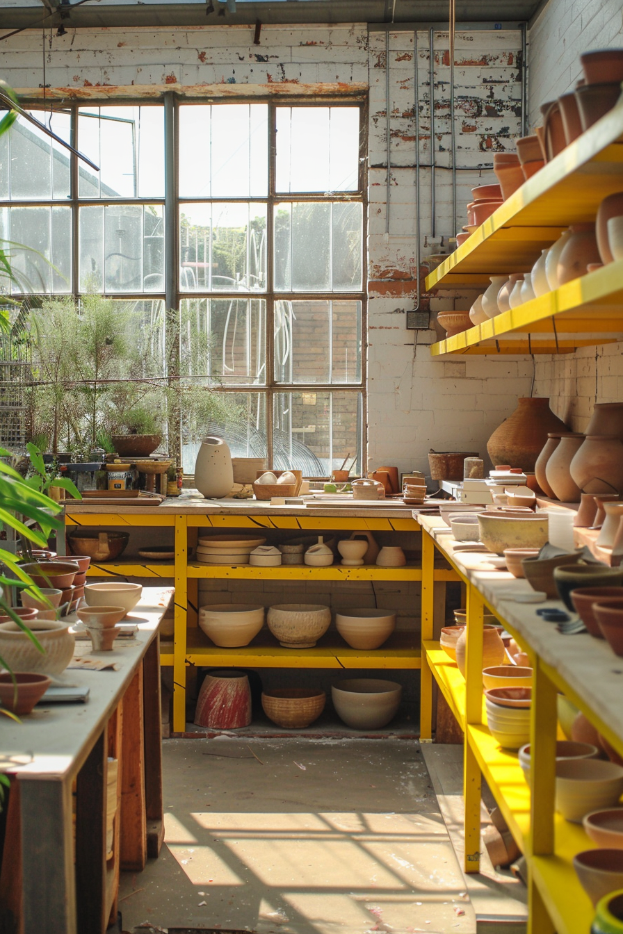 Clay workshop. Sunlit loft, pastel containers, glazed pottery line, vibrant yellow shelving unit.