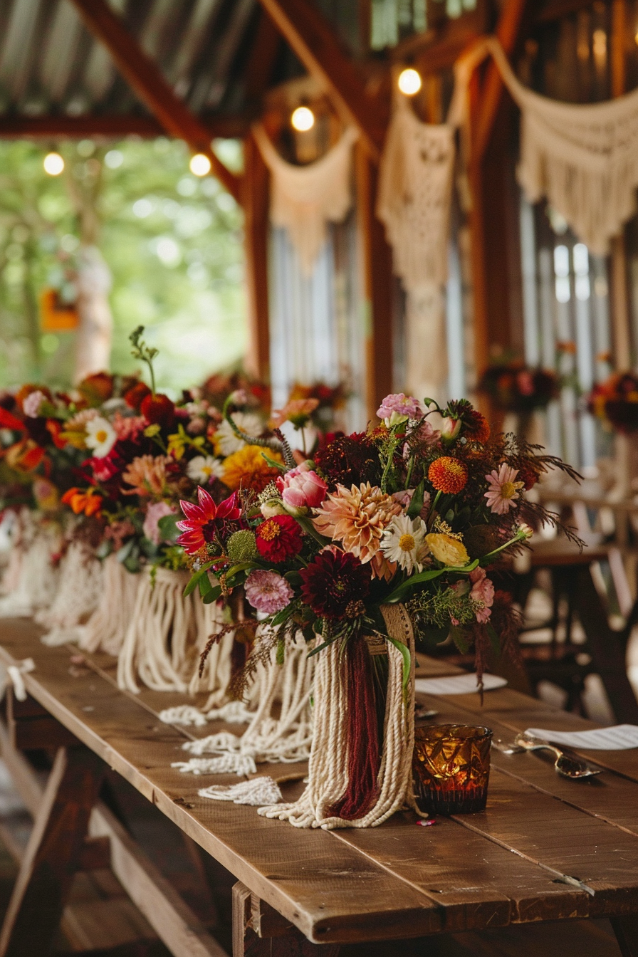 Boho wedding design. Macrame backdrops and wildflower bouquets on wooden tables.