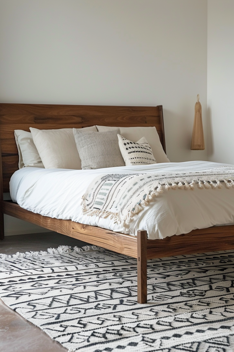 Japandi x Aztek Bedroom Design. Minimalist wooden bedframe with geometric patterned rug.