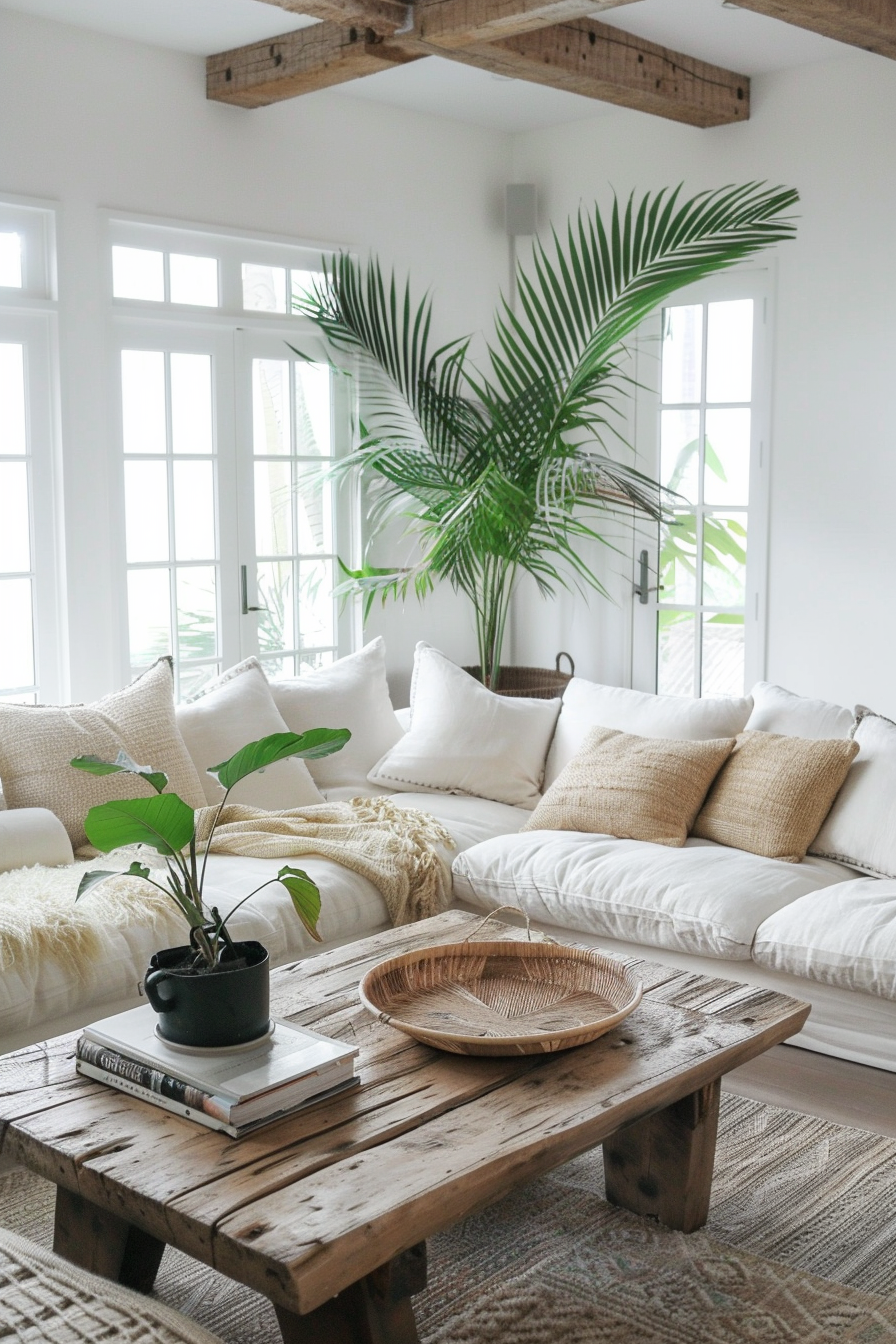 Living Room. Boho-modern decor featuring a distressed wood coffee table and indoor palms.