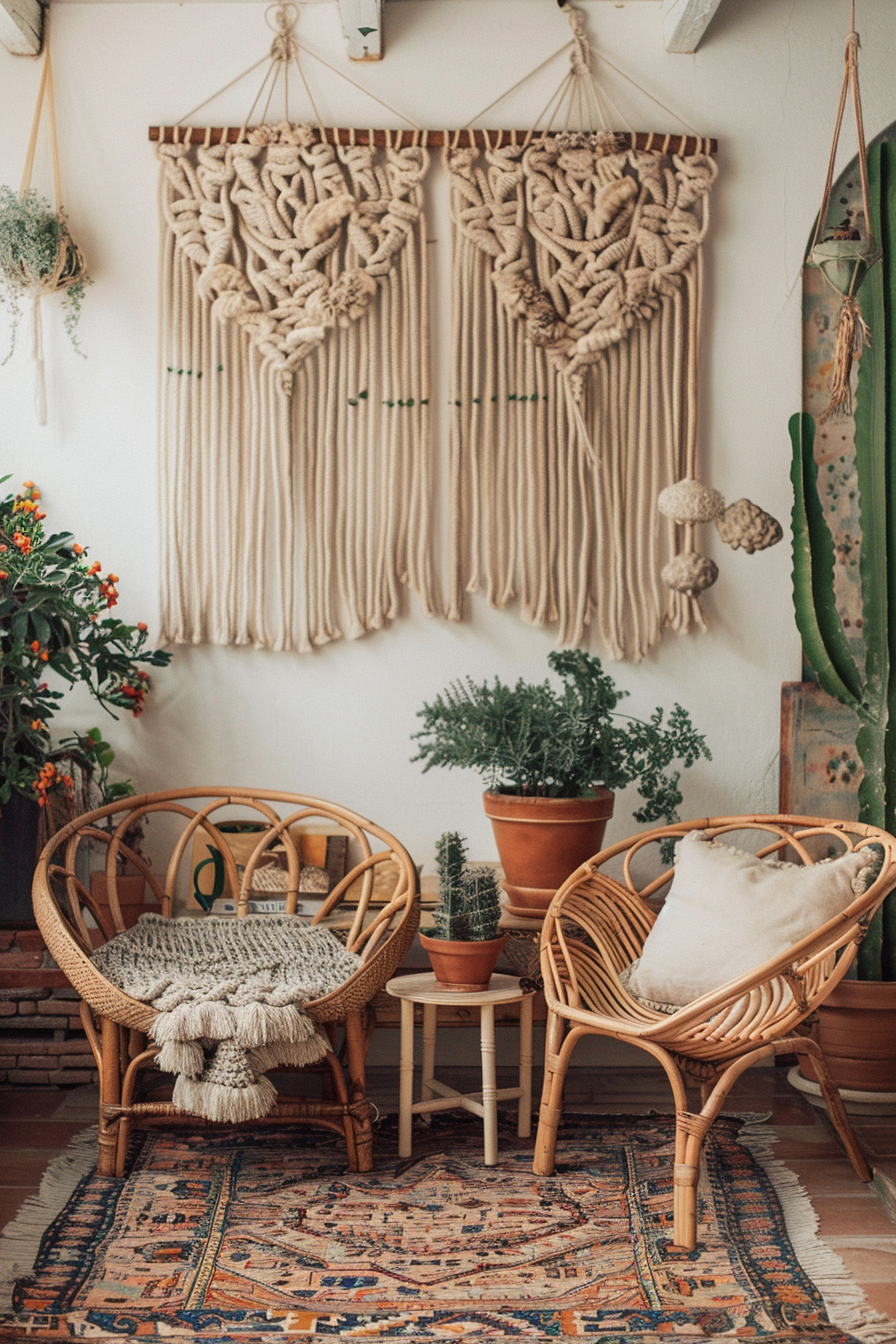 Boho-modern and earthy living room. Macrame wall hangings, terra cotta pots, rattan furniture.