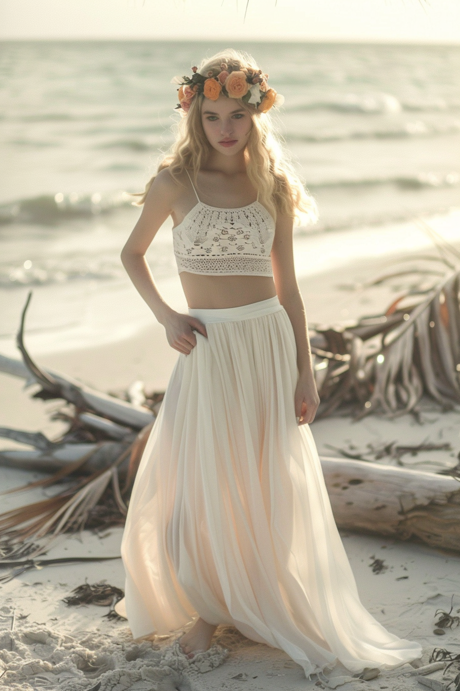 Beach wedding. Draped skirt with crochet top and wild flower crown.