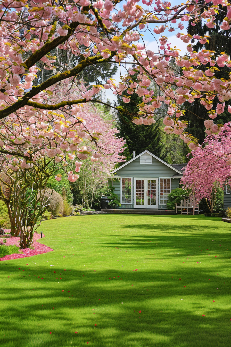 Beautiful backyard view. Lush green lawn with pink cherry blossom trees.