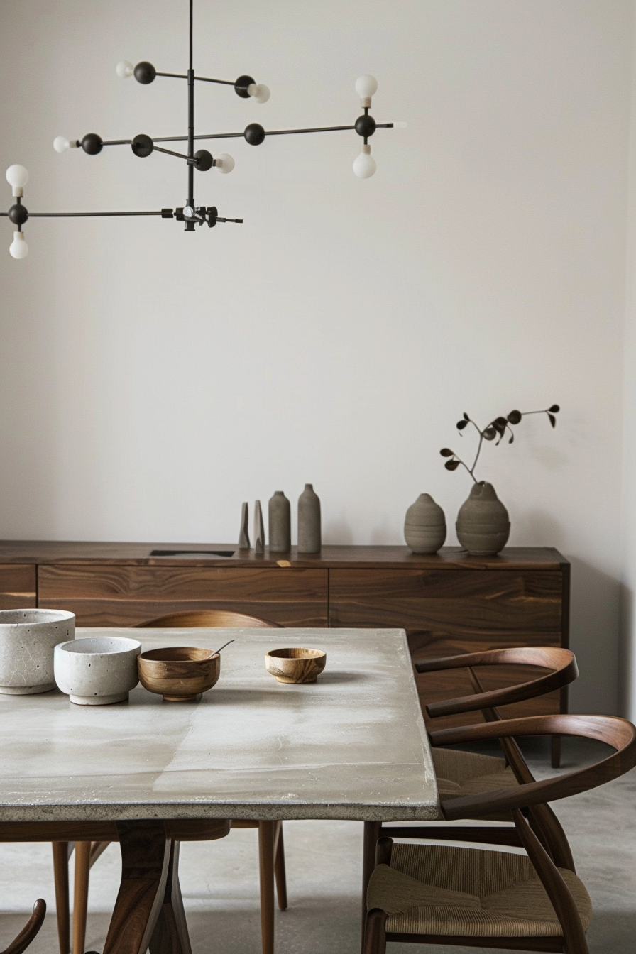 Dining room. Ash grey table with minimalist walnut chairs.