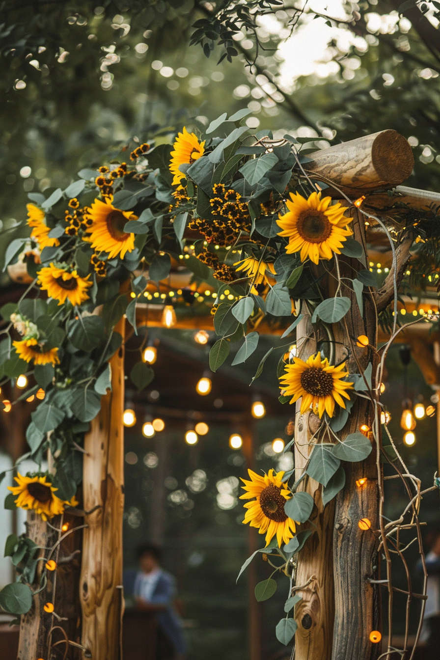 Boho wedding. Wooden-arch crowned with sunflowers and string lights.