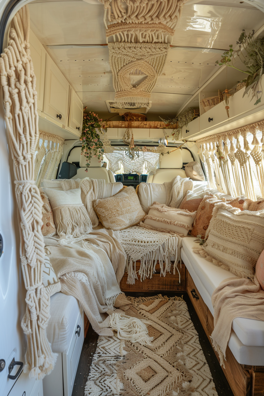 Converted Sprinter van camper. Full interior view with boho-style macrame hangings.