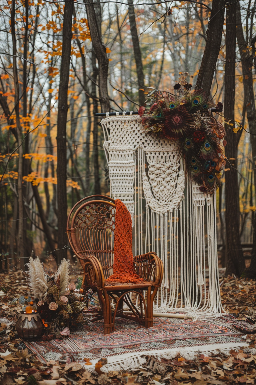 Boho wedding design. Macrame backdrop with peacock chair, situated in the forest.