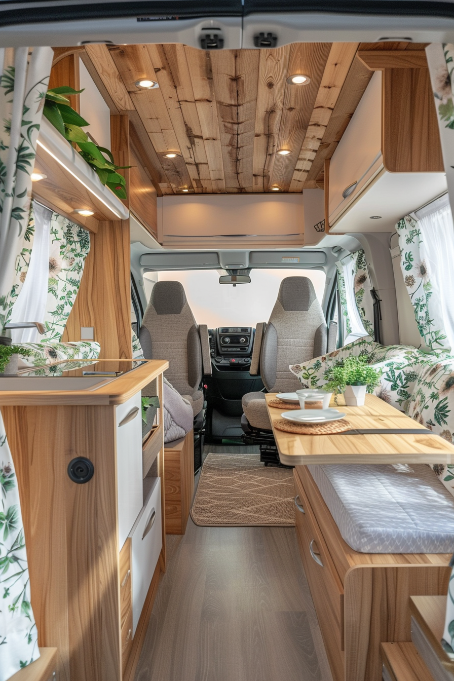 Modern camper van interior. Wooden furnishing with white floral curtains.