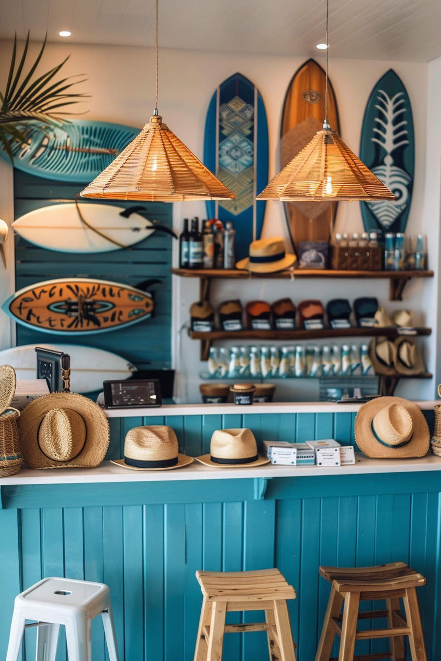 Surf shop design. Blue and white counter adorned with mini surfboards and straw hats.