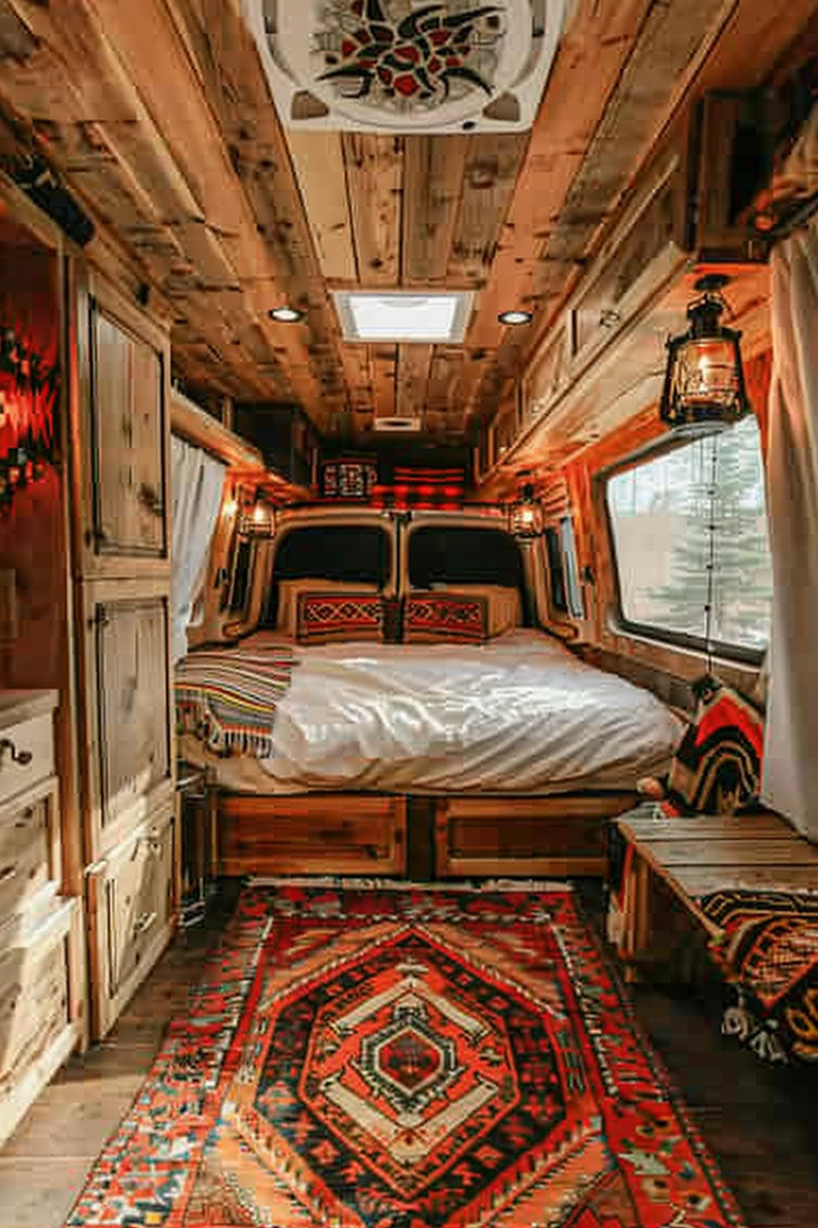 Converted Sprinter van camper. Aztec rugs, light wooden interiors, king-size bed with crystal lanterns.