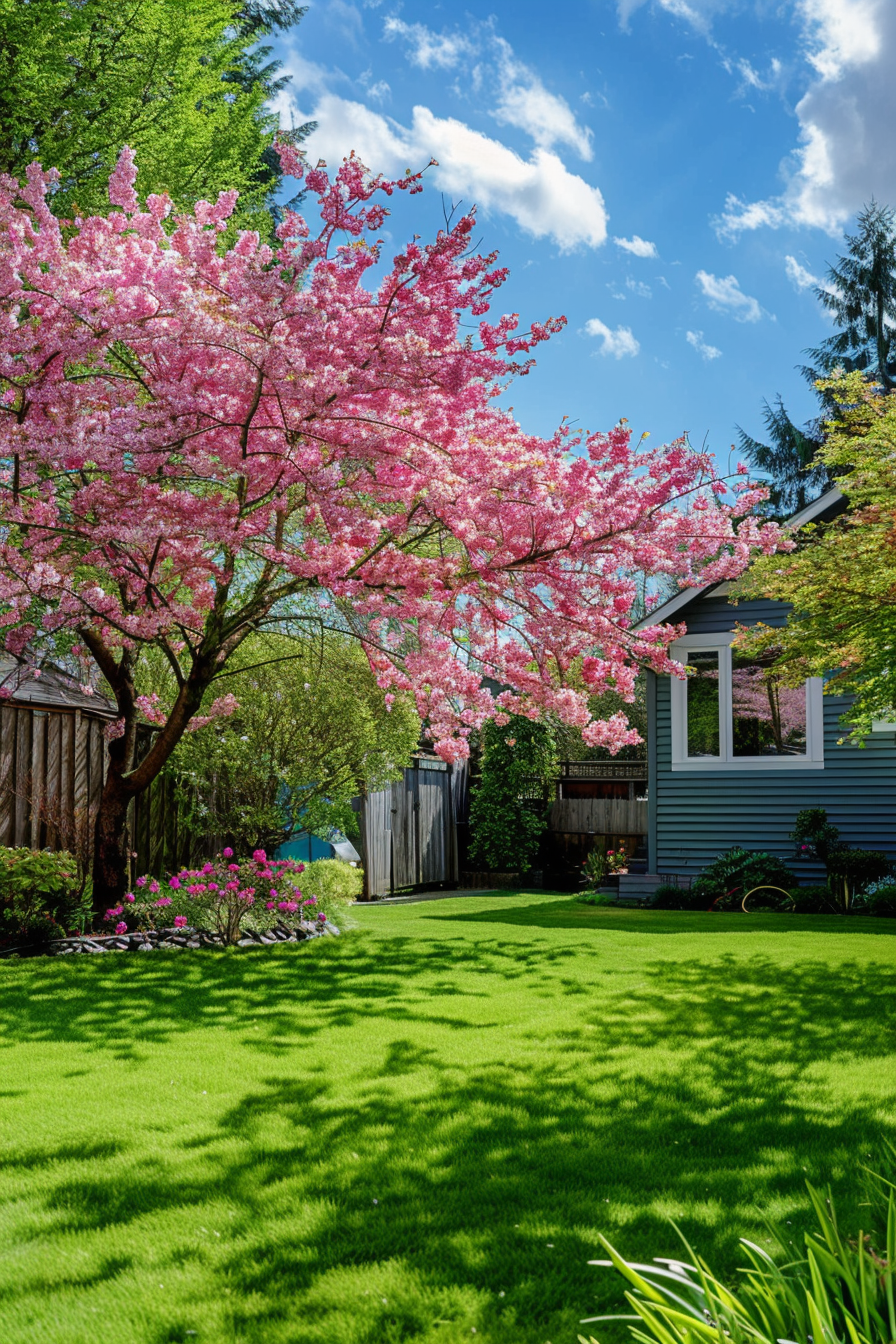 Beautiful backyard view. Lush green lawn with pink cherry blossom tree in full bloom.