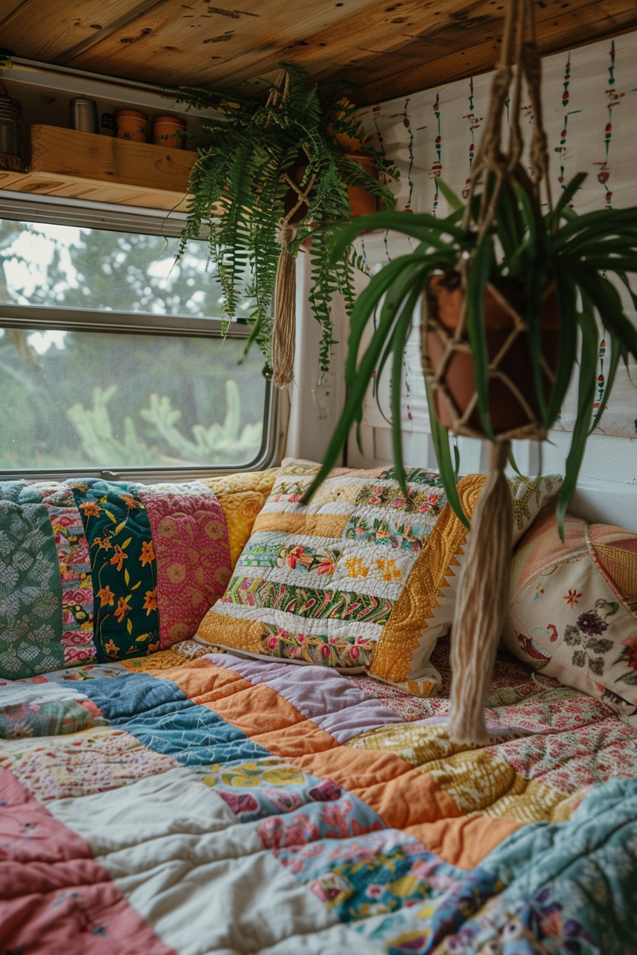 Sprinter van camper. Patchwork quilted bedspread with a potted hanging spider plant.