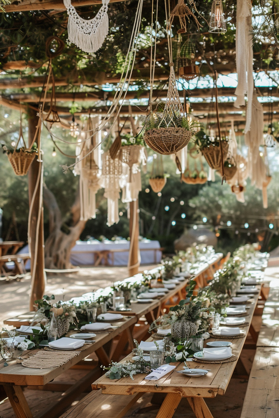 Wedding scene. Boho decor with hanging macrame and rustic wide wooden tables.