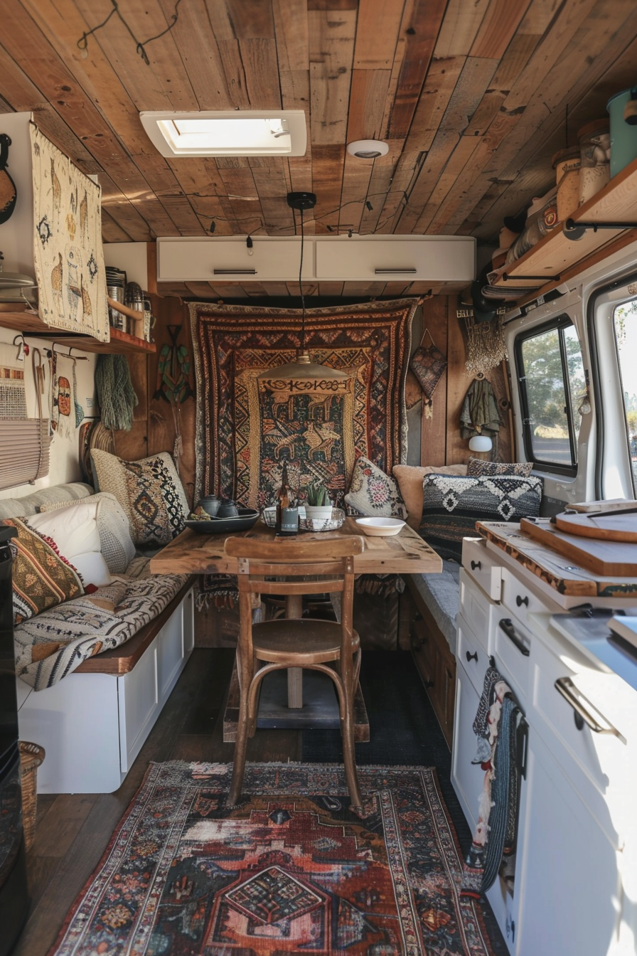 Modern camper van interior. Teak wood dining area with bohemian tapestry.