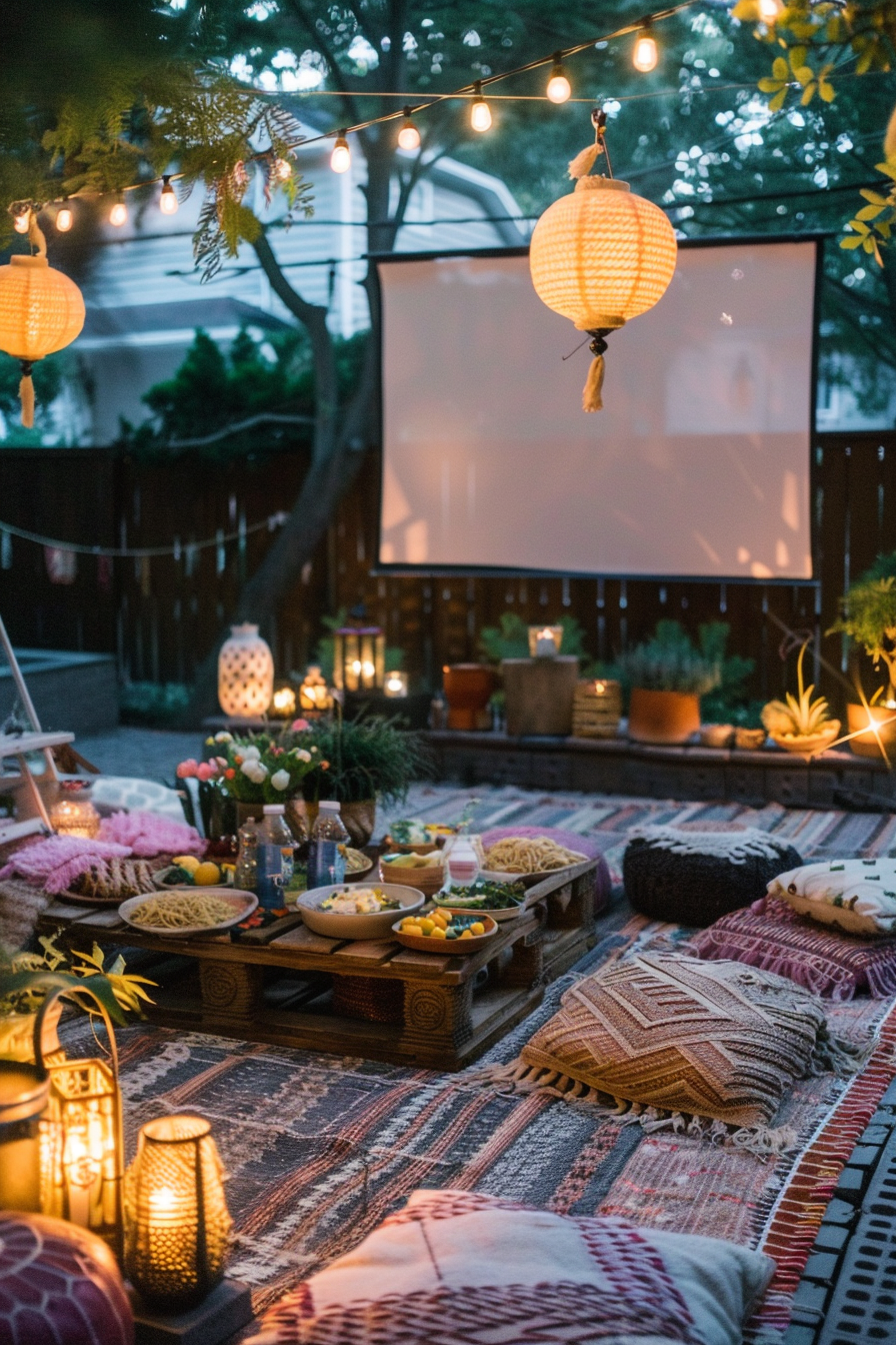 Backyard movie night. Woven mat, projector screen, bohemian lanterns, and pasta salad.