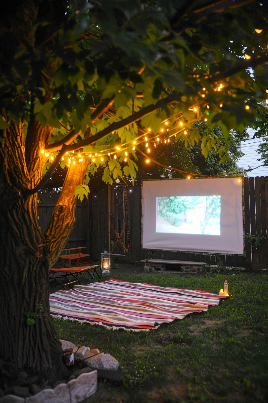 Backyard movie night. Striped beach blanket, hanging fairy lights, vintage projector screen.