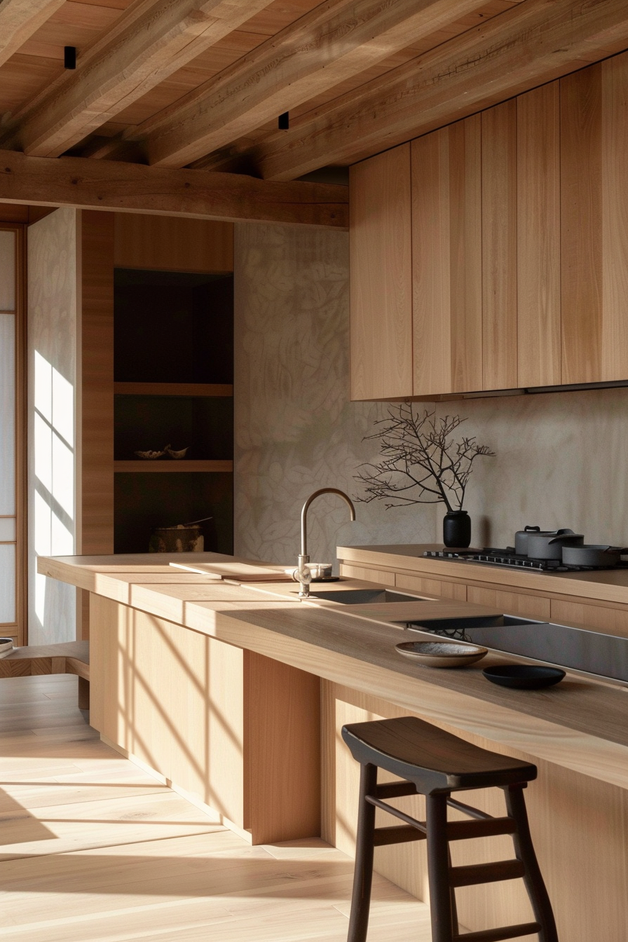 Japandi kitchen view. Pale wood cabinetry with minimalist black fixtures.