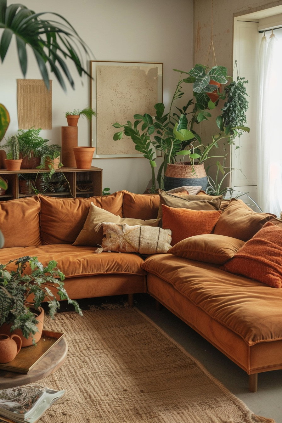 Boho-modern, earthy living room. Tan suede sectional featuring pops of terracotta and plant accents.