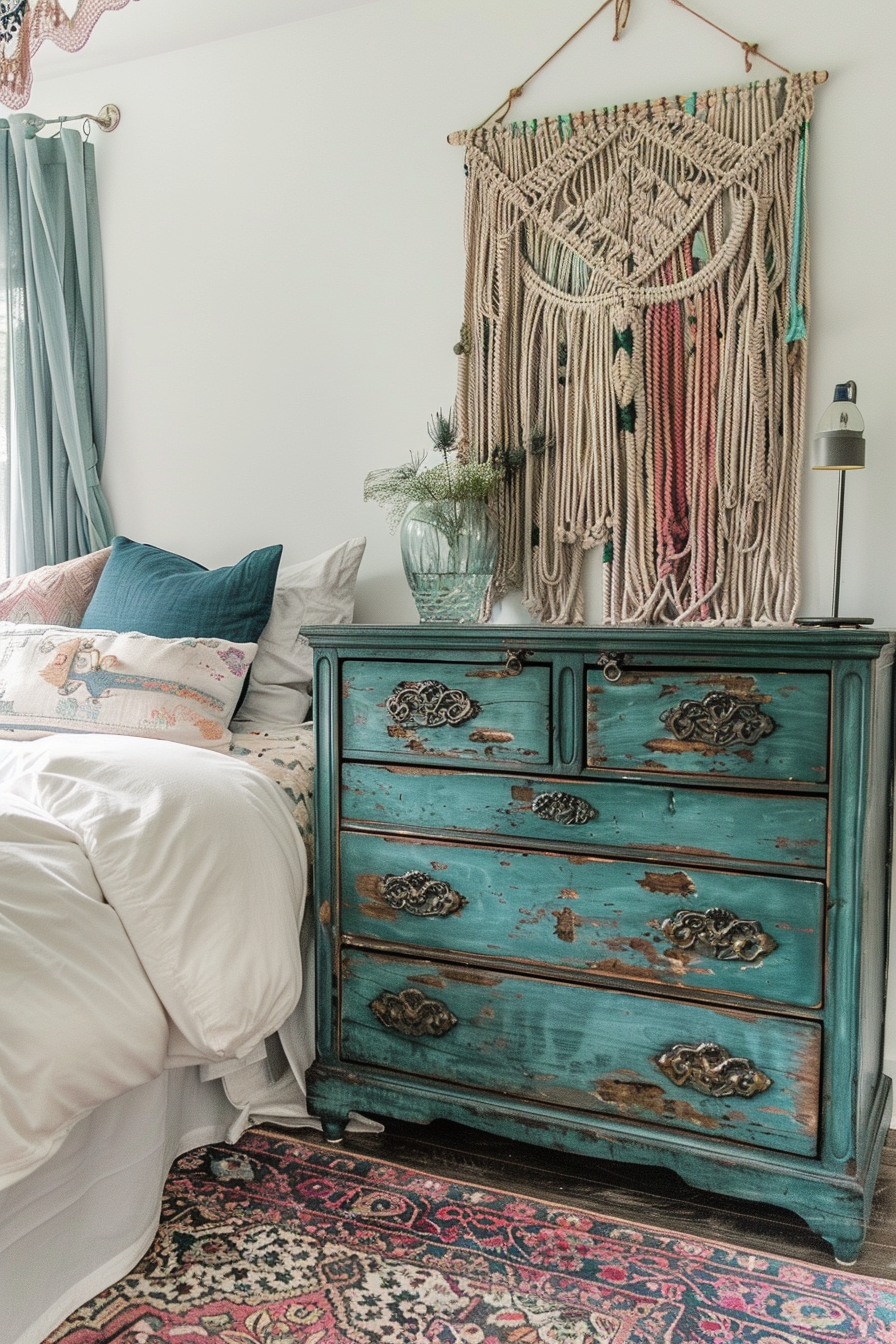 Bohemian bedroom design. Macramé wall hanging, distressed turquoise dresser, ornate Persian rug.