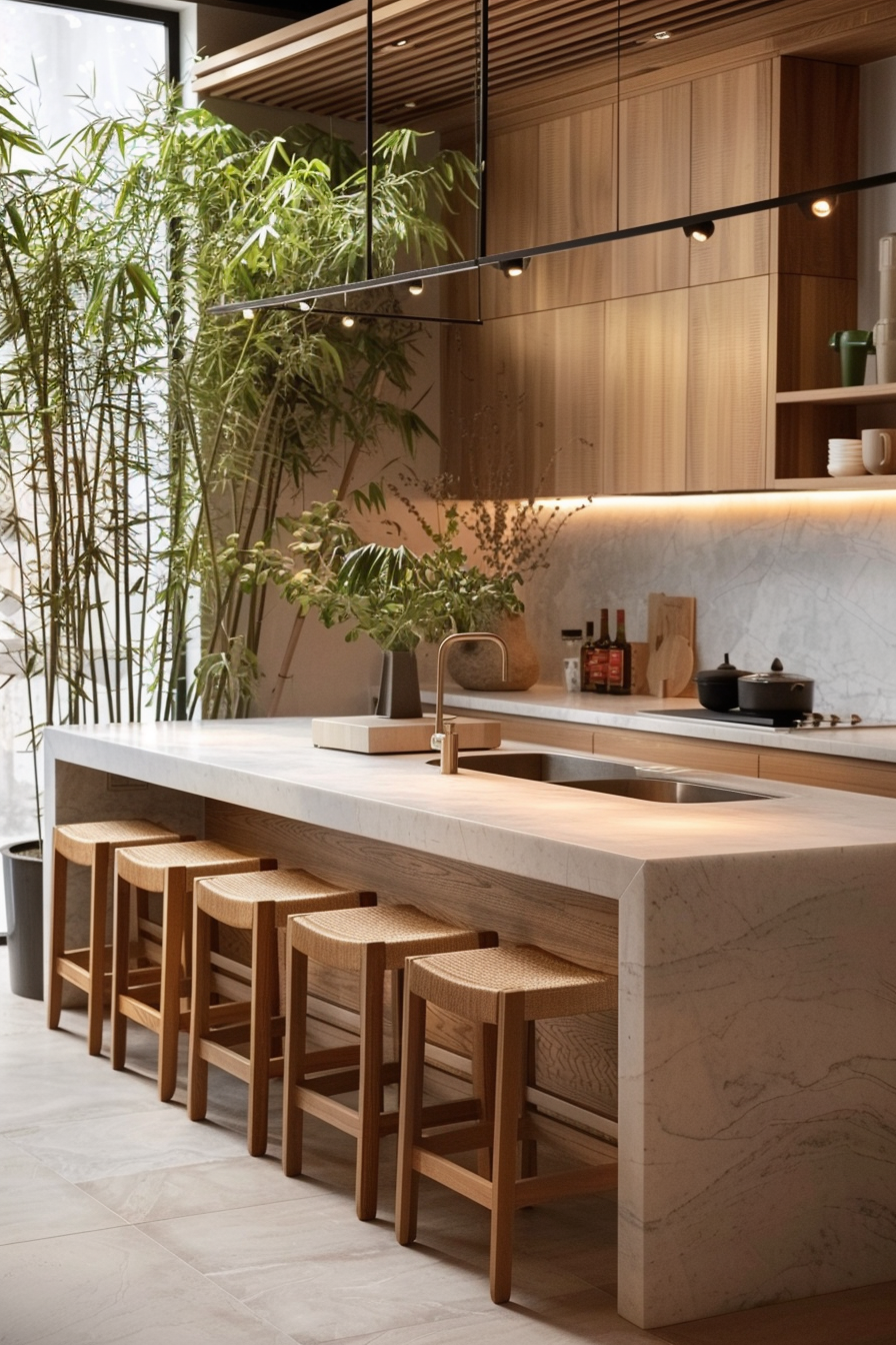 Japandi kitchen. Oak island, white marble countertop, indoor bamboo plants.