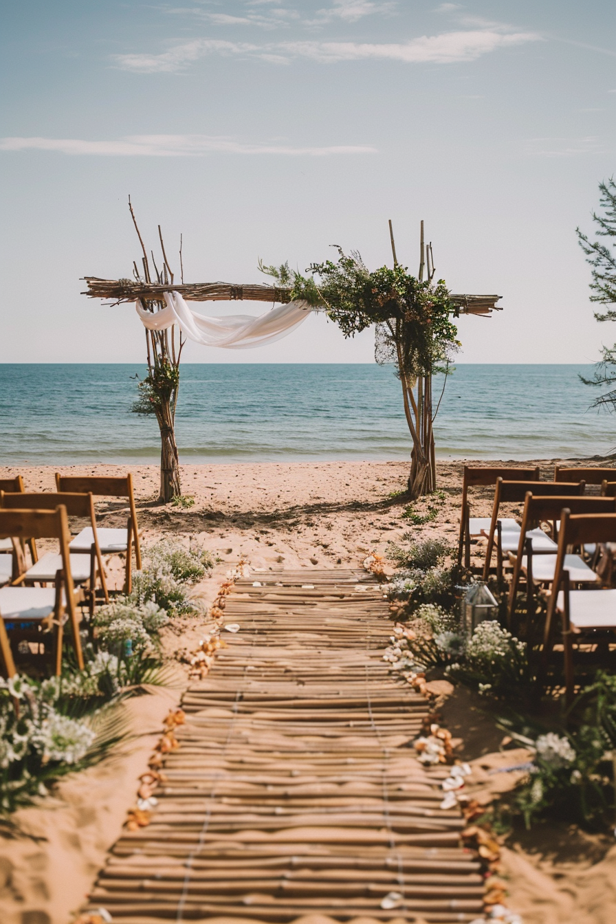 Boho wedding on the beach. Bamboo arch over sandy aisle.