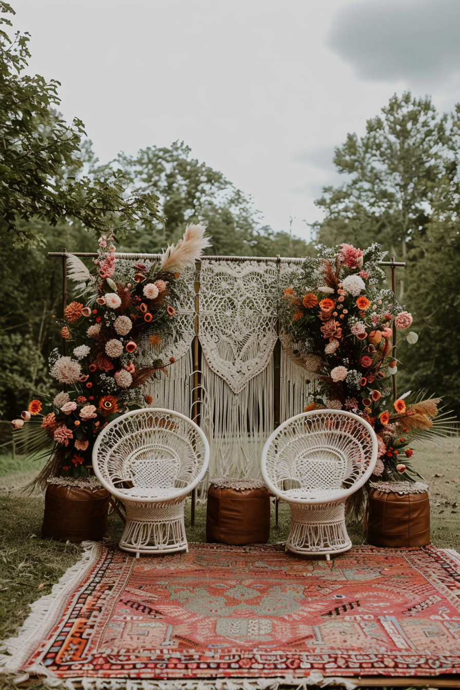 Boho wedding decor. Macrame backdrop with peacock chairs and earth-toned florals.