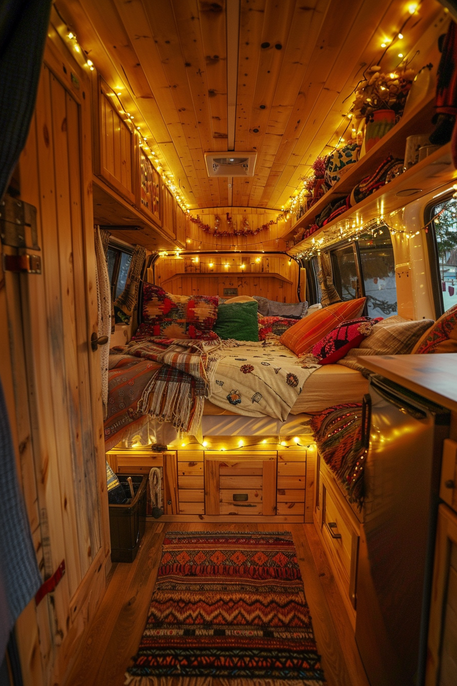 Converted Sprinter van camper. Boho design, wooden finish interior with fairy lights.