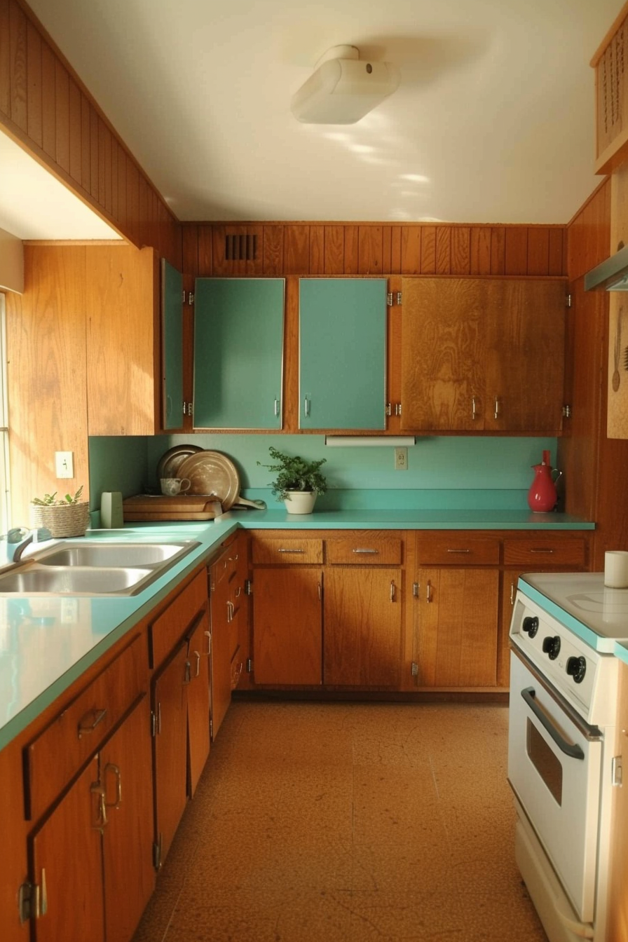 Mid Century Modern Kitchen. Turquoise countertop with clementine cabinets.