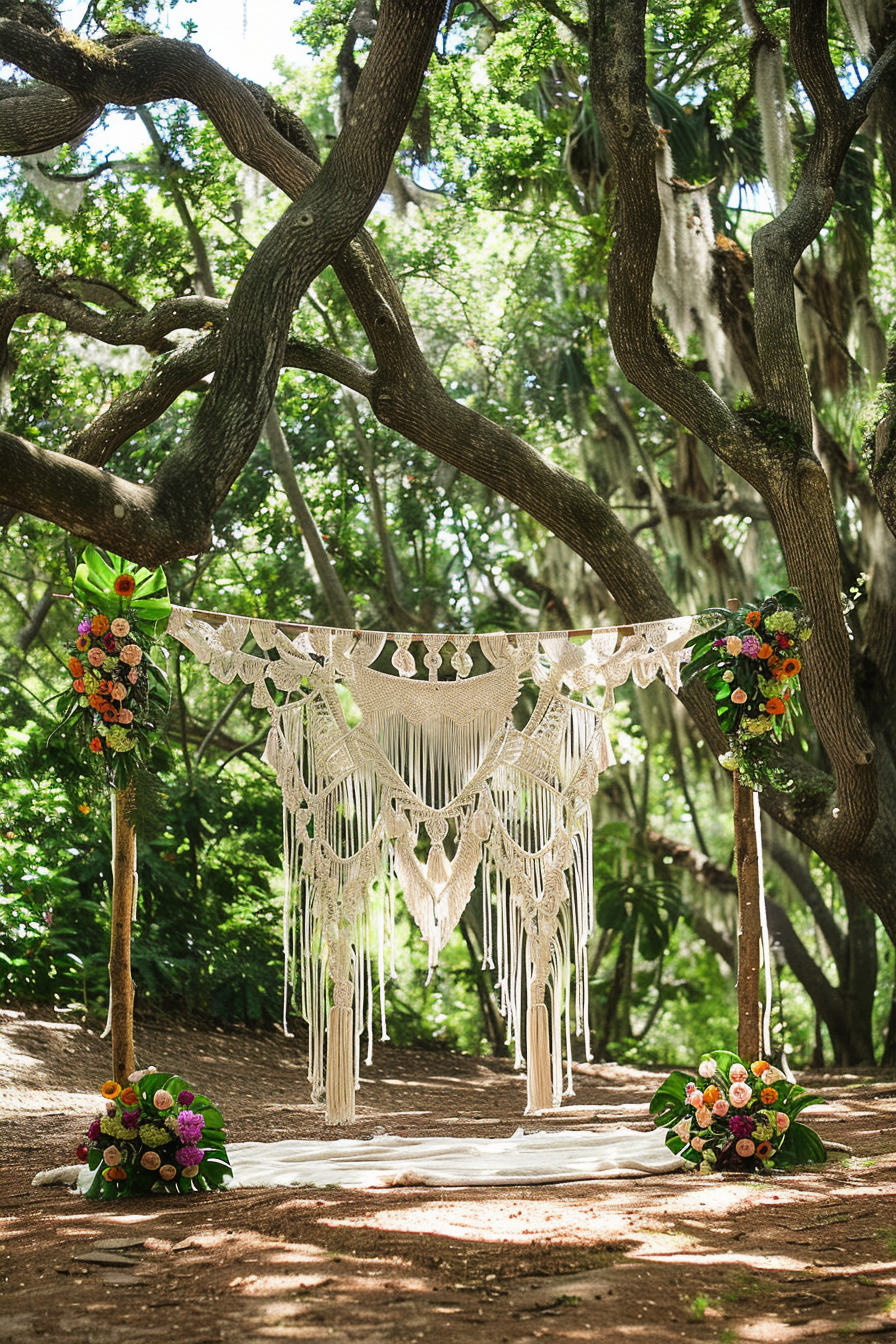 Wedding view. Macrame-draped arch under lush canopy trees.