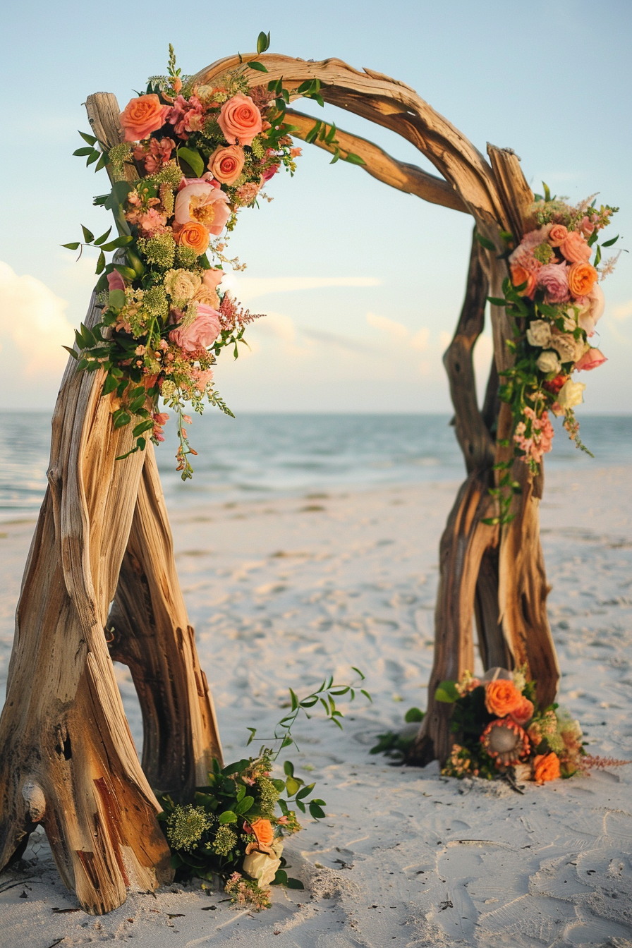 Boho beach wedding. Driftwood arch adorned with sunset hued roses.