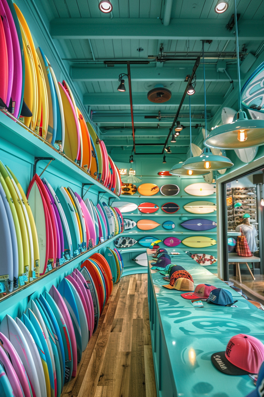 Surf shop design. Sea-inspired turquoise display counter laden with colorful surfboards and hats.