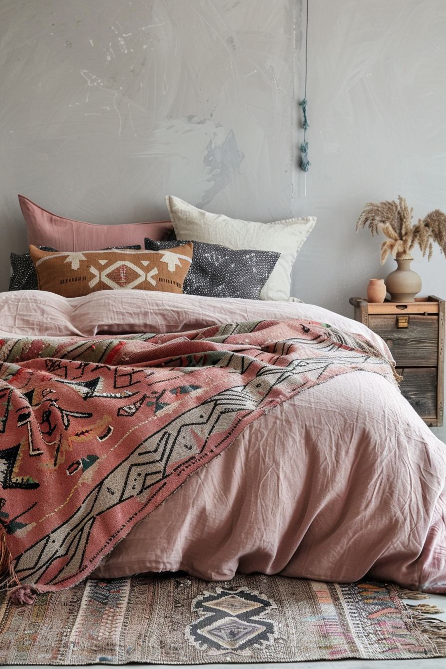 Aztek Japandi pastel bedroom. Linen bedding with tribal patterned cushions.