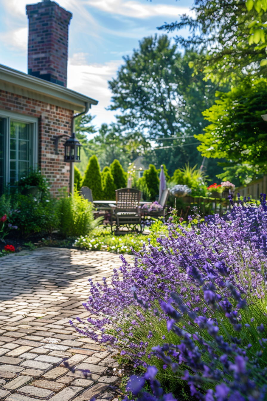 Beautiful backyard view. Blooming lavender bushes near brick-laid patio.