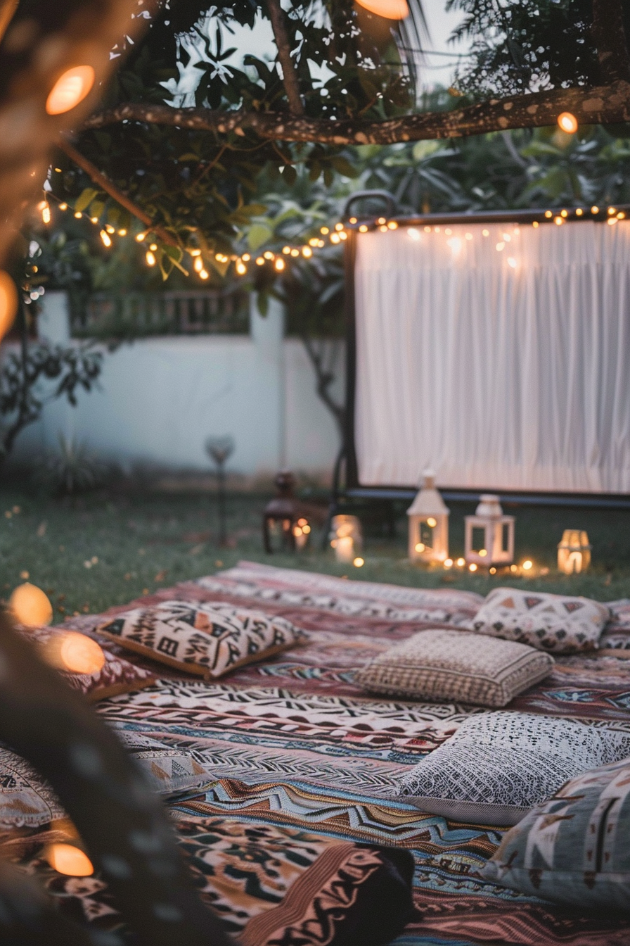 Backyard movie night. Boho picnic blanket, printed scatter cushions, hanging fairy lights, movie projector screen.