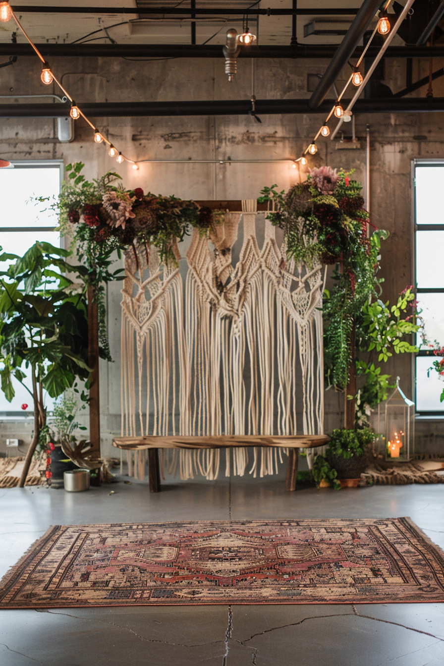 Wedding view. Macrame backdrop at bohemian indoor ceremony area.