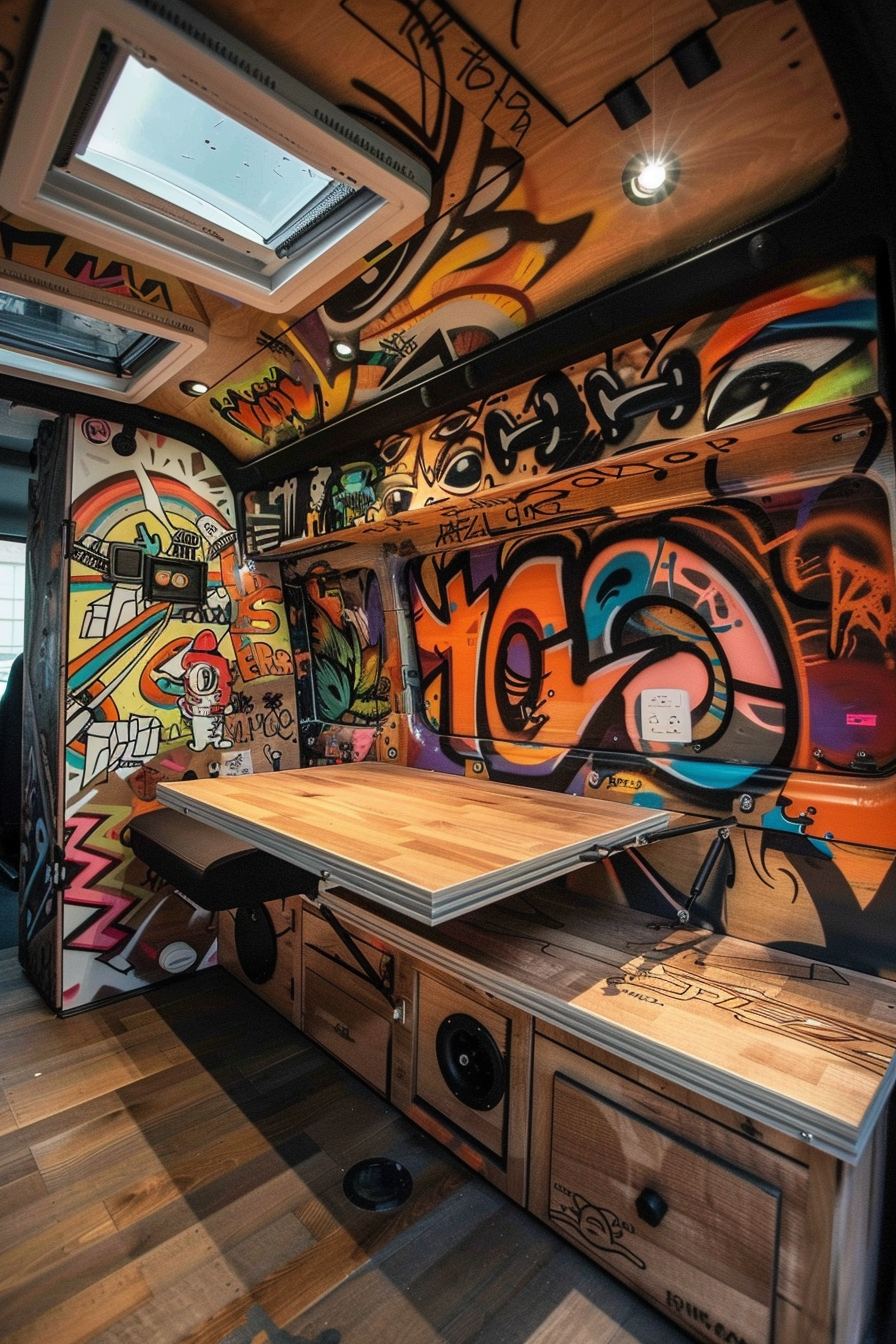 Camper van interior. Built-in collapsible desk against graffiti art wall.