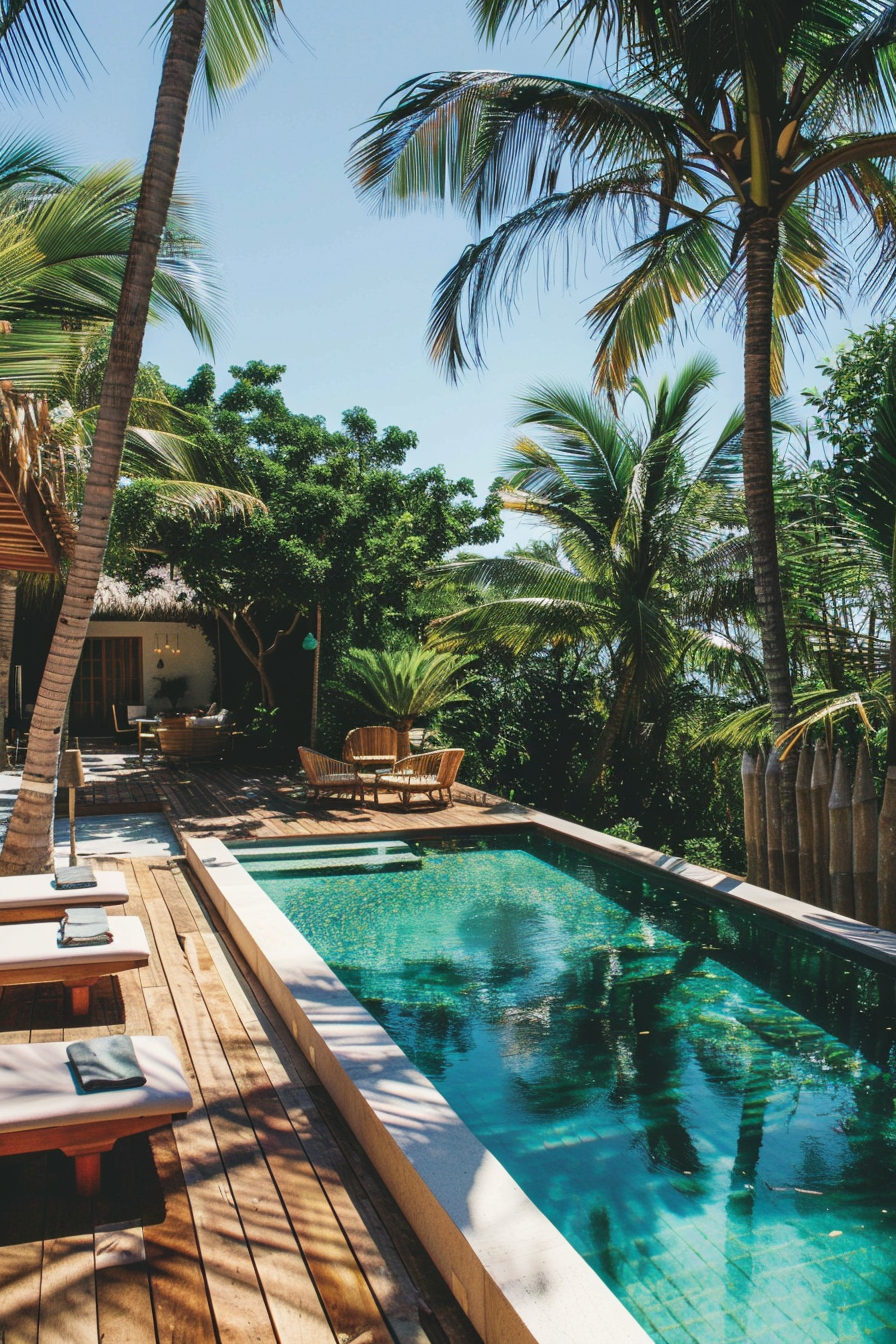 Dream backyard. Wood deck surrounding a concrete in-ground pool with palm trees nearby.