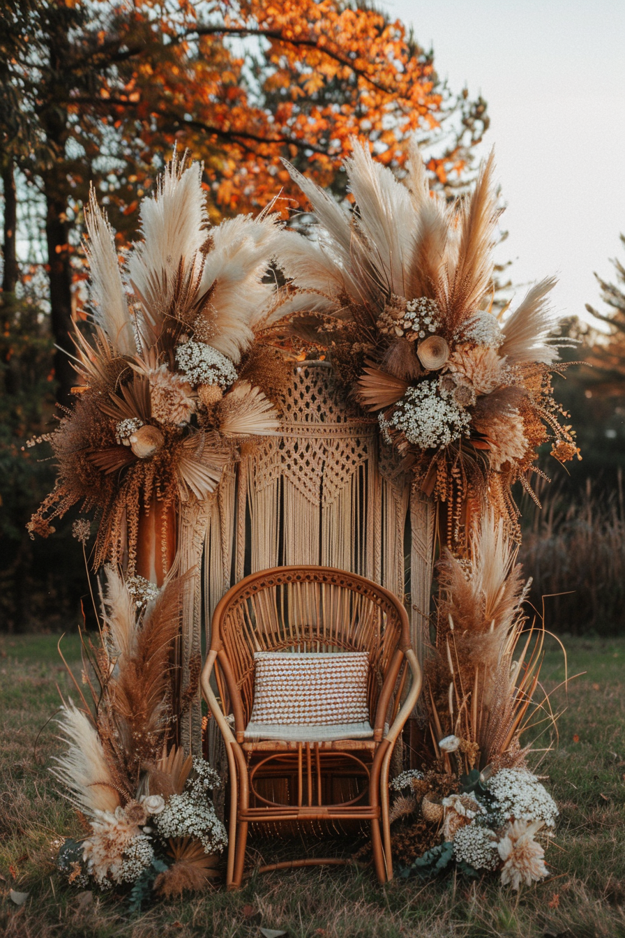 Boho wedding design. Macrame backdrop, peacock chair, pampas grass centerpiece.