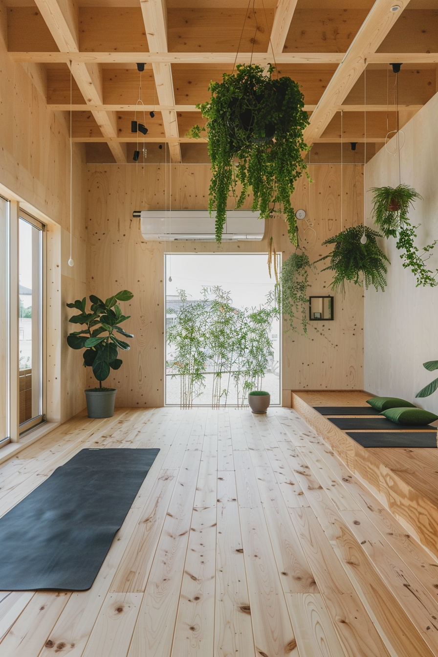 Japandi designed yoga studio. Bamboo floor, hanging green plants, black leather yoga mat.