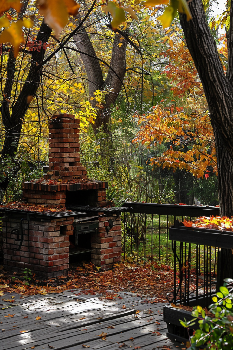 Beautiful backyard view from a deck. Brick barbeque pit in autumn setting.