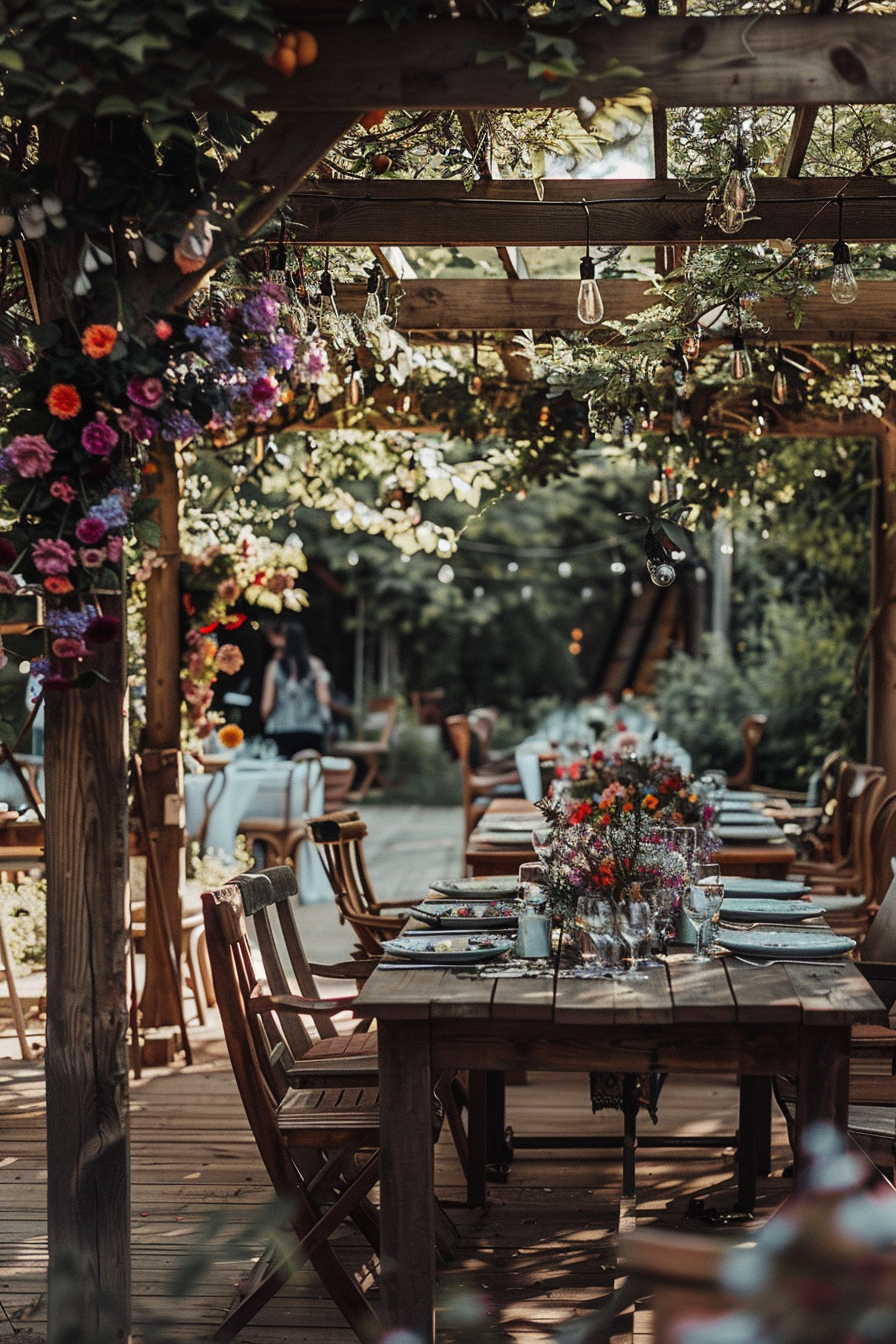 Boho wedding. Floral arch over wooden tables laden with vintage mismatched china.