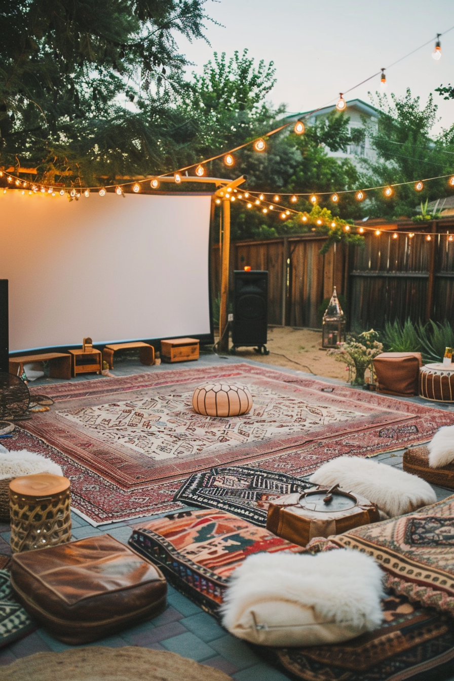 Backyard movie night. White projector screen with vintage boho area rugs.