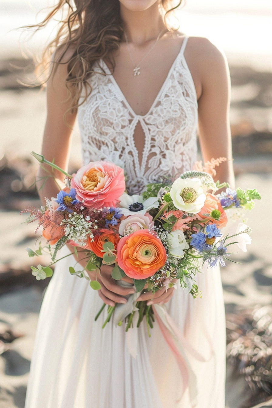 Beach wedding. Flowing lace maxi dress with wildflower bouquet.